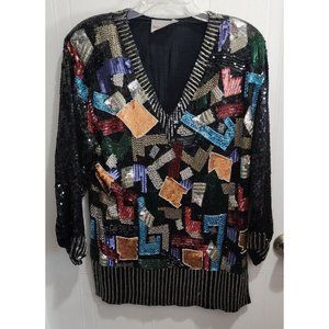 Vtg 80s Jacques Lelong Womens Long Sleeve Full Beaded/Sequin Blouse Top See Info